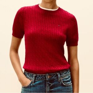 Tommy Hilfiger sz S 100% cotton Red Cable Knit Sweater short sleeve preppy